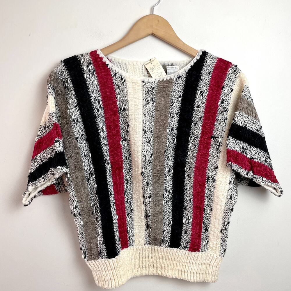Vintage 80s 90s Striped Knit Top Large Marled Retro Textured Chunky Boxy Indie